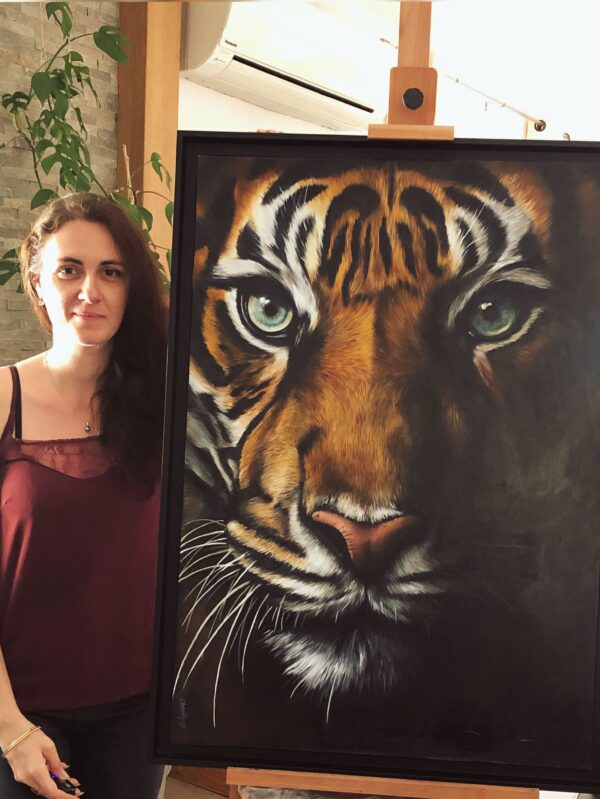 Peinture à l'huile sur toile encadré de tigre par l'artiste peintre animalier chris rossi