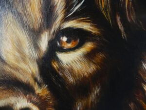 Détail Peinture à l'Huile d'un Lion par l'artiste peintre animalière Chris Rossi Afrique Savane Animal