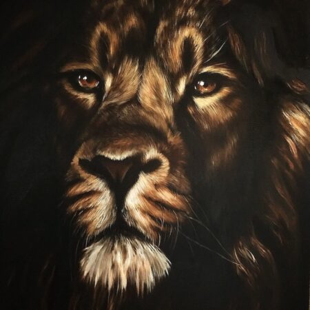 peinture à l'huile d'un lion par l'artiste peintre animalière chris rossi afrique savane animal