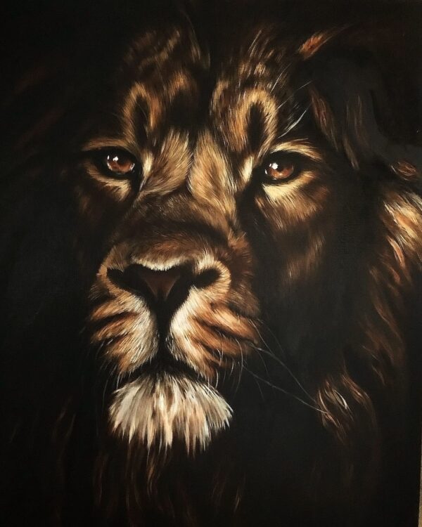 peinture à l'huile d'un lion par l'artiste peintre animalière chris rossi afrique savane animal