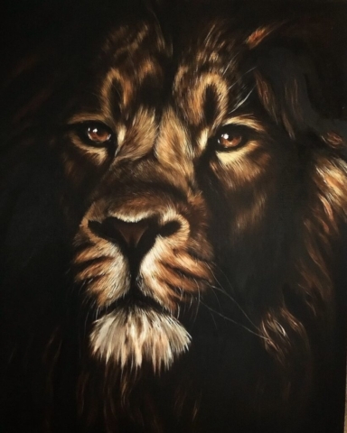 peinture à l'huile d'un lion par l'artiste peintre animalière chris rossi afrique savane animal