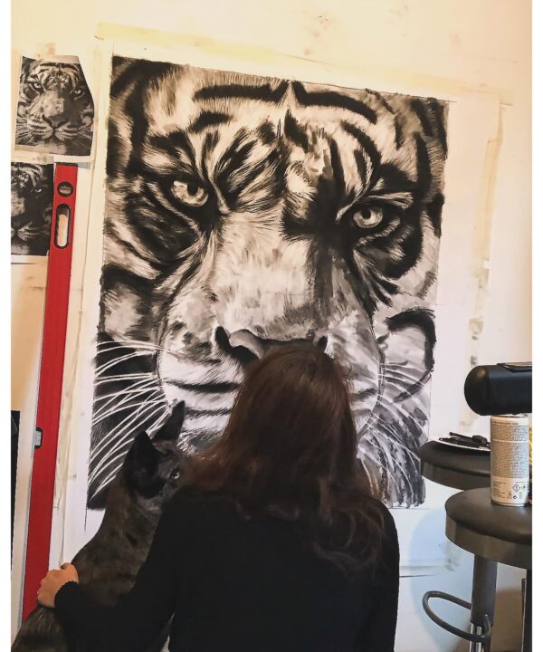 dessin animalier de tigre "King" au fusain par l'artiste peintre animaliere chris rossi art