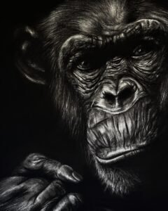 ce qui questionne dessin au fusain hyperréalisme chimpanzé vue d'atelier