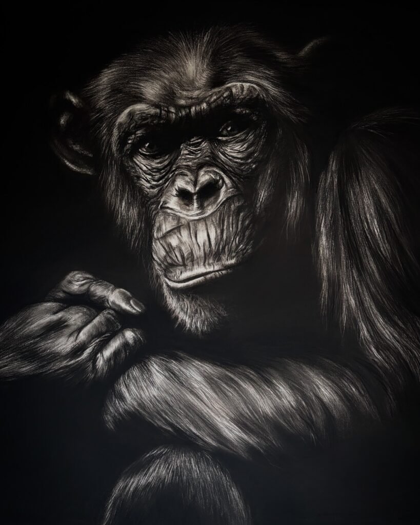 ce qui questionne dessin au fusain hyperréalisme chimpanzé vue d'atelier